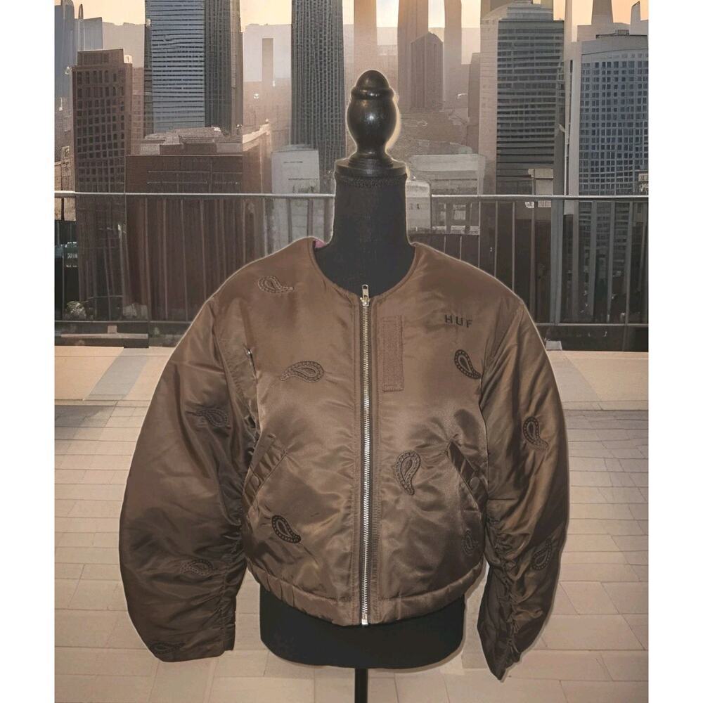 HUF Women's Paisley Satin Cropped Bomber Jacket Brown Size XS EUC